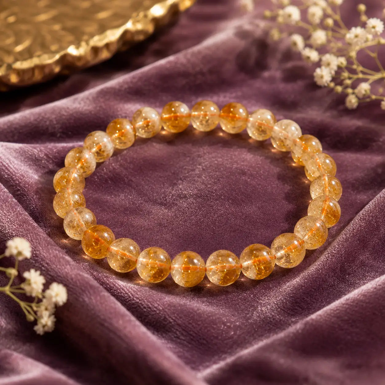 Citrine bracelet on a purple fabric background with flowers