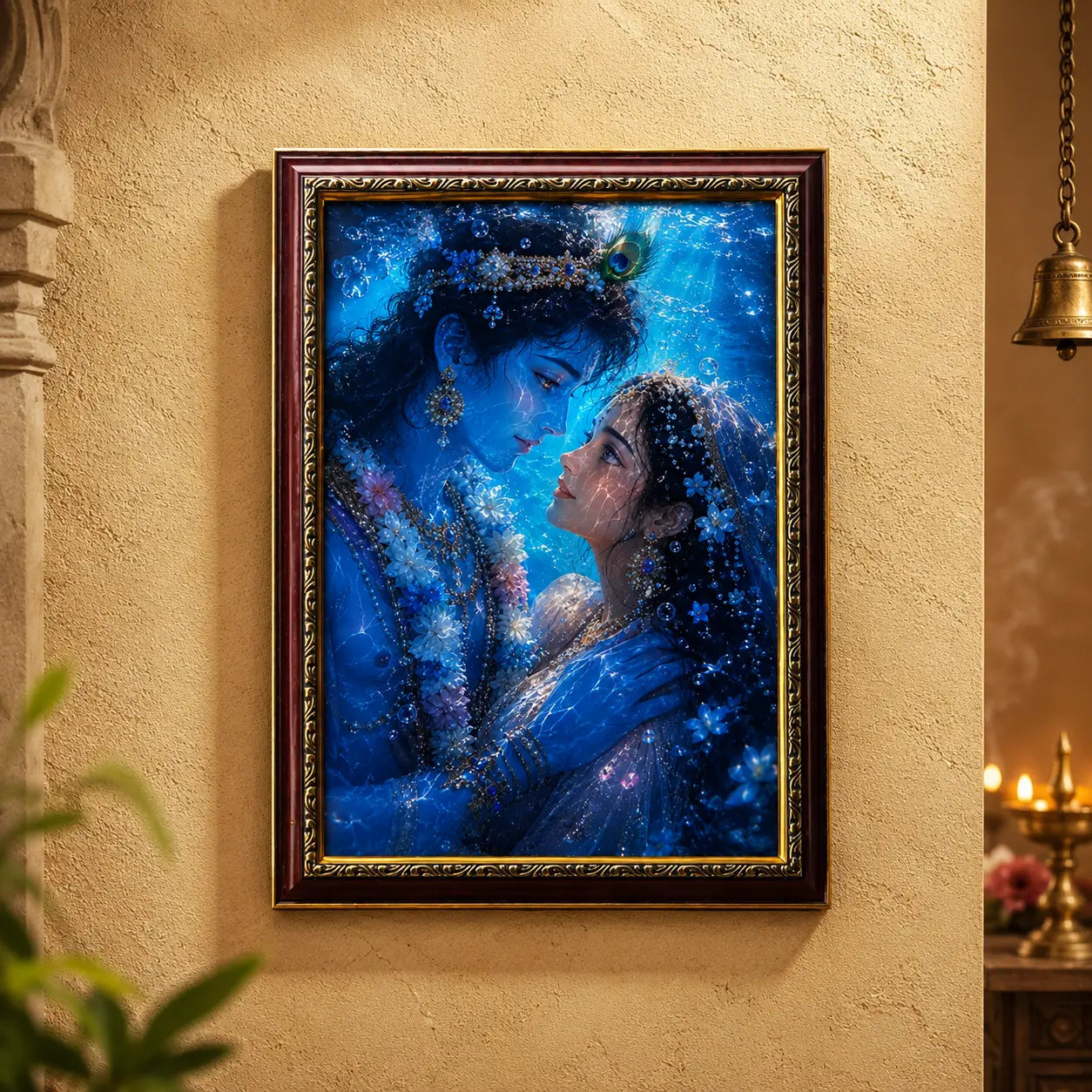 Framed artwork of Radha krishna on a wall.