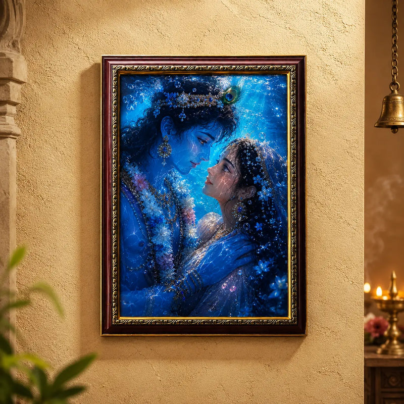 Framed artwork of Radha krishna on a wall.