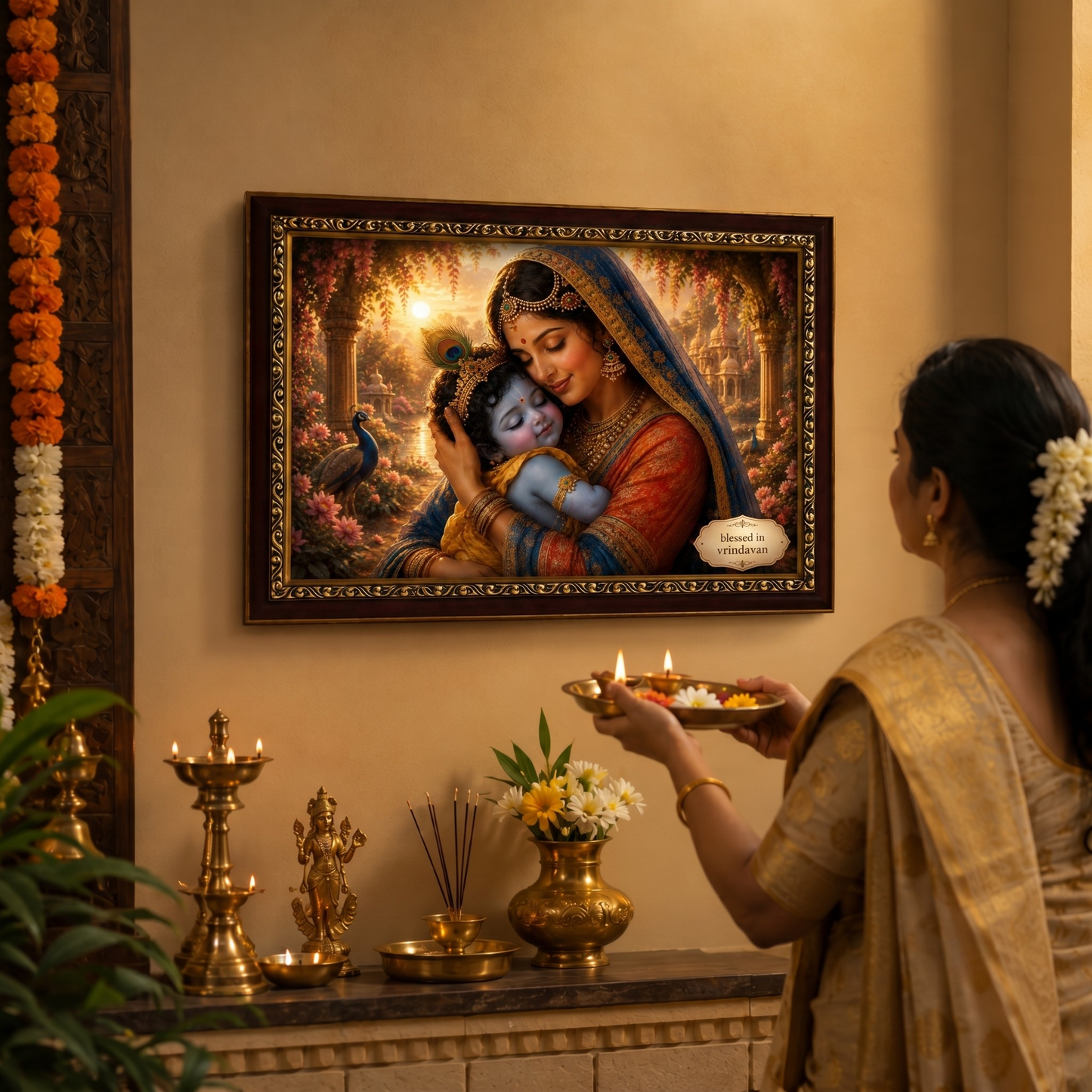 Woman performing a ritual in front of a framed artwork of yashoda ma and baby krishna , with offerings on a table.
