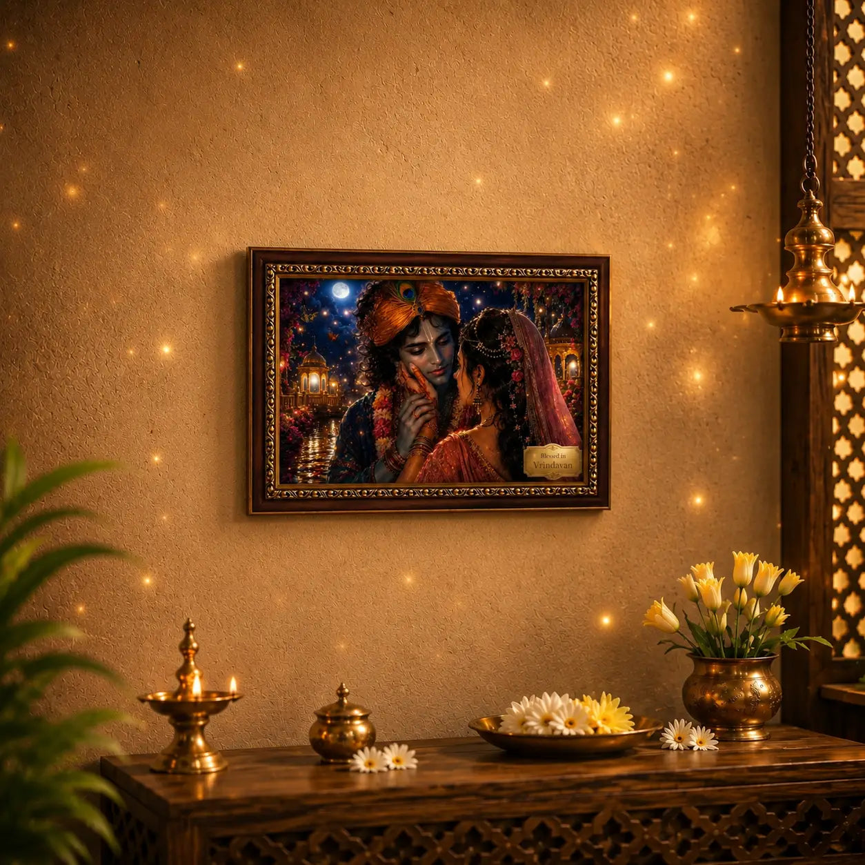 Framed artwork of Radha krishna on a wall with decorative items below.