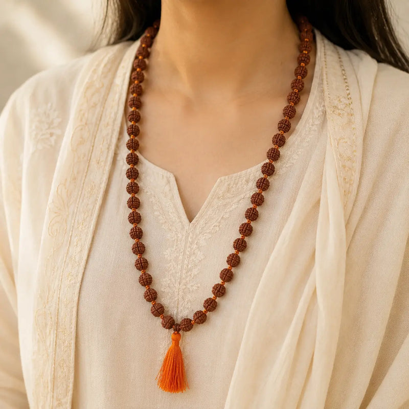 Mukhi Original Rudraksha Mala 108 beads with 1 Guru bead placed around a women's neck 