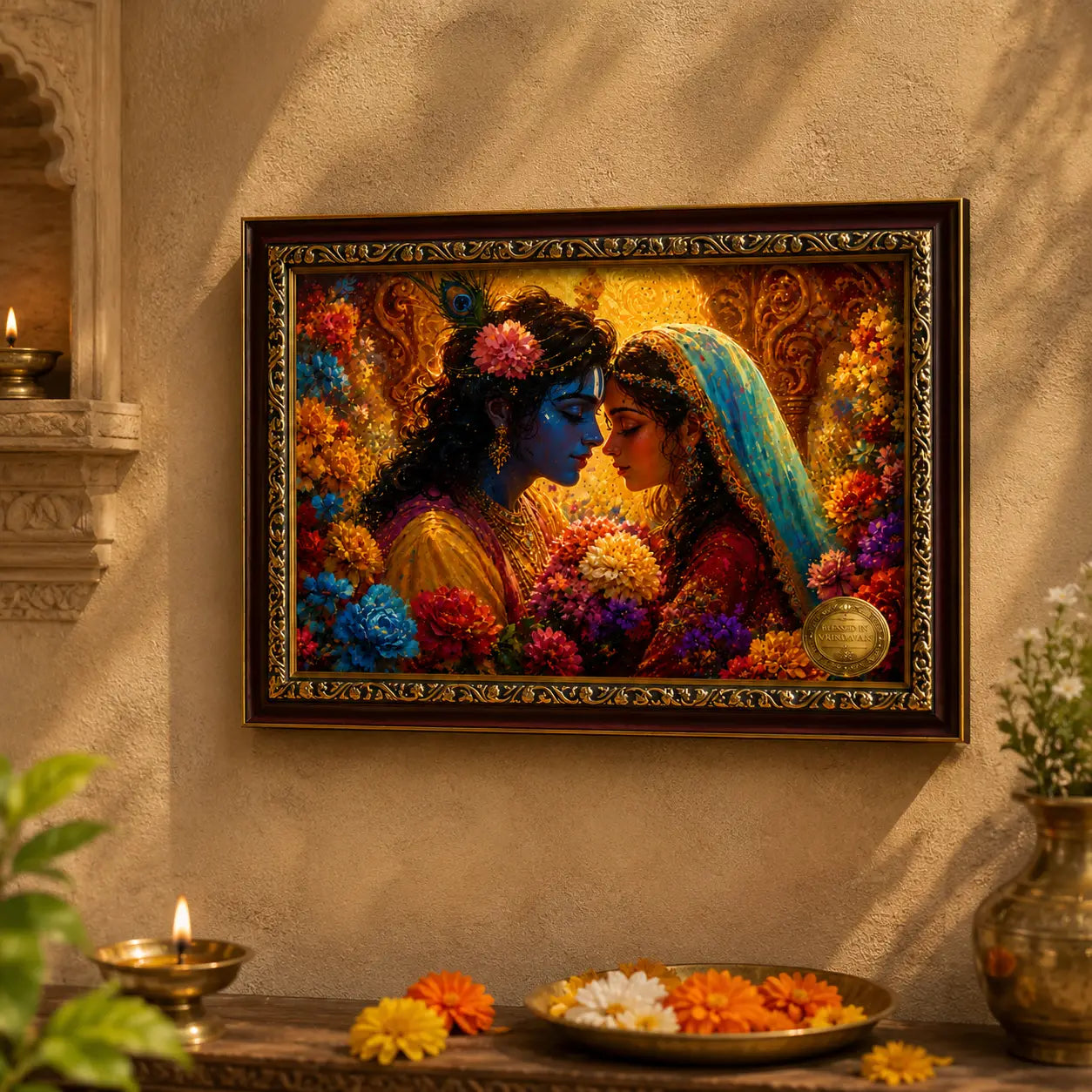 Framed artwork of Radha Krishna with flowers on a wall in a warm setting.