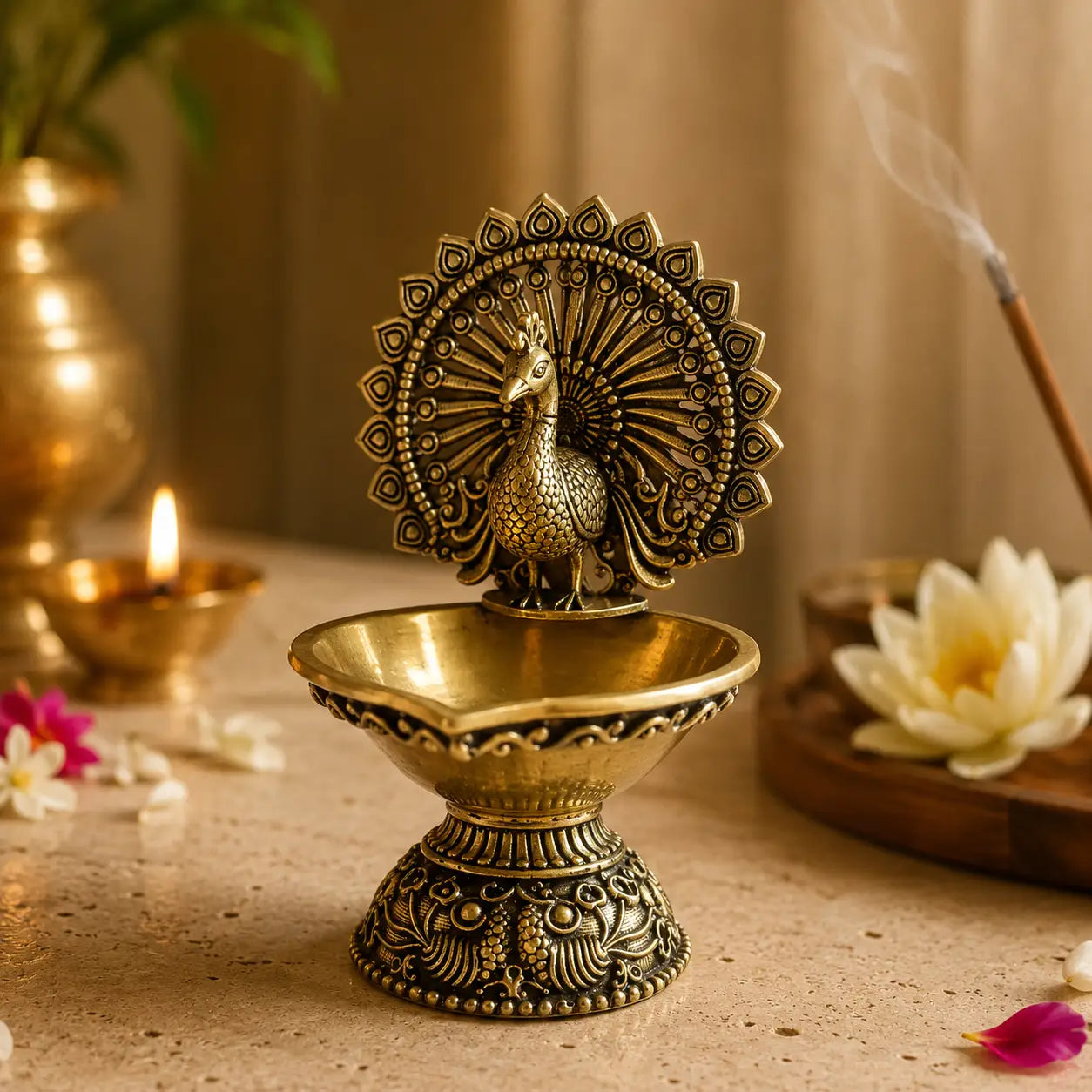 Premium Handcrafted Brass Peacock Spiritual Diya for Pooja & Home Decor