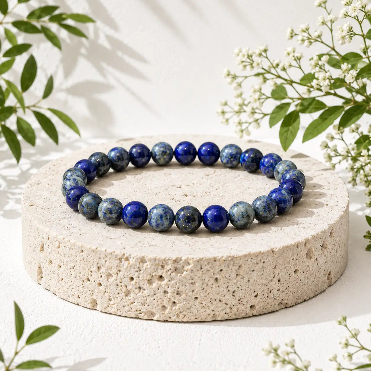Lapis Lazuli  bracelet on a round stone surface with greenery in the background