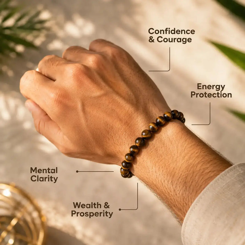Hand wearing a beaded bracelet with labeled benefits on a blurred natural background