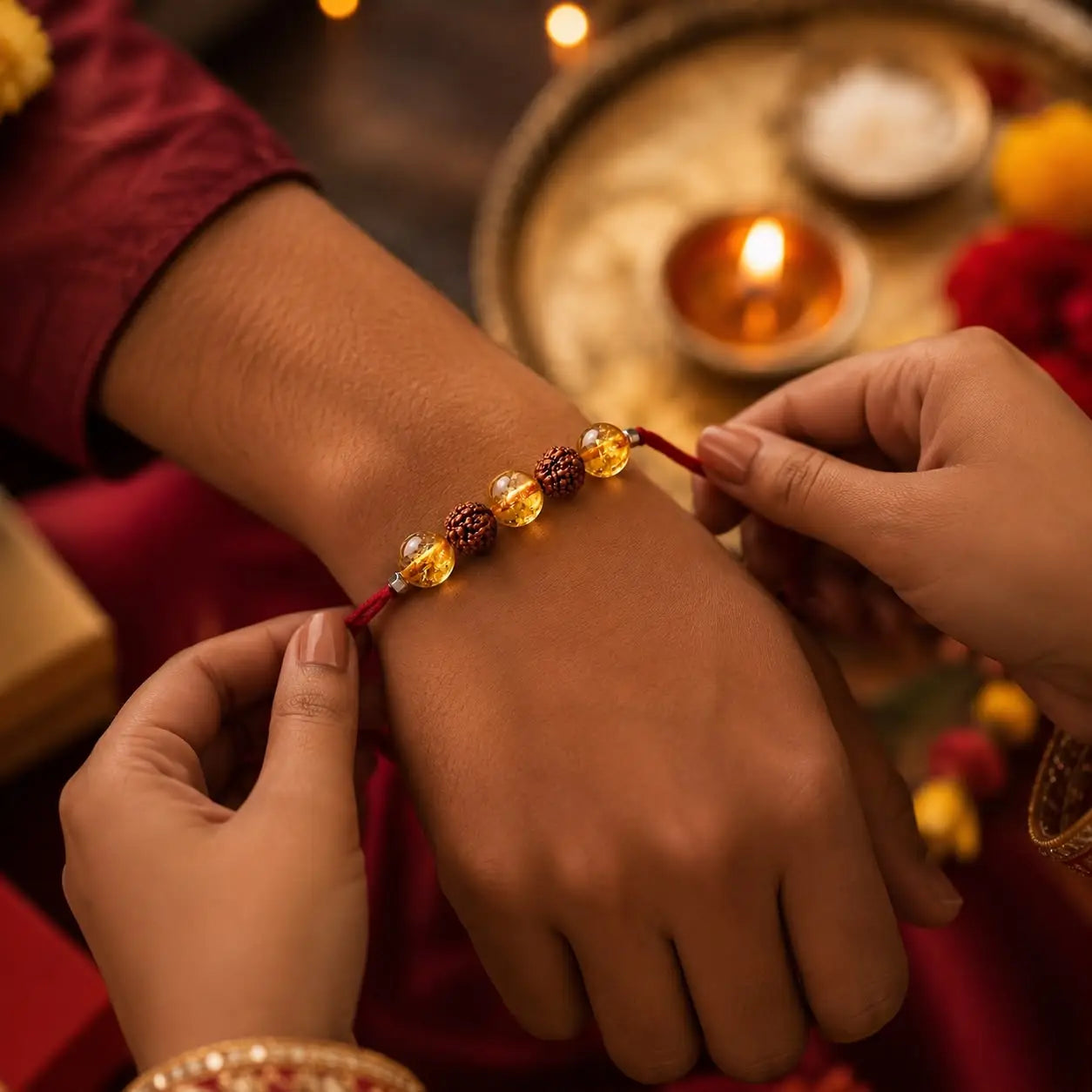 Handcrafted Rudraksha & Citrine Protection Rakhi | Blessed in Kashi