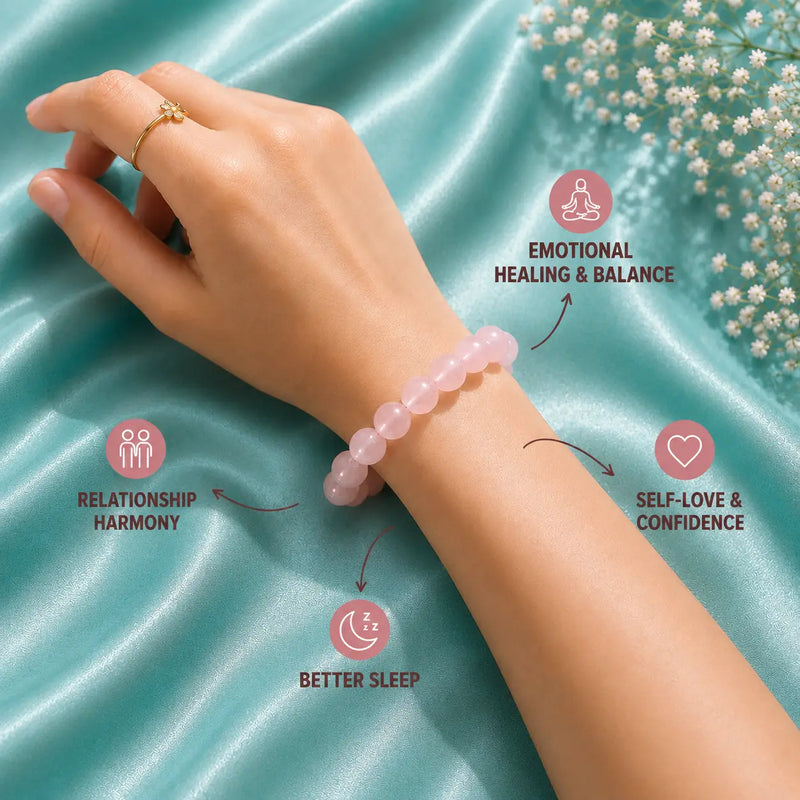 Hand wearing rose quartz bracelet on a teal fabric background with icons and text about bracelet benefits.