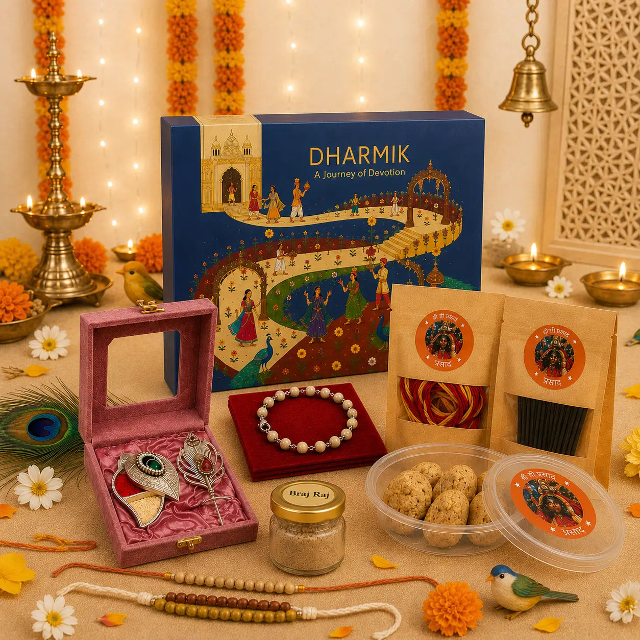 A festive Diwali gift set styled on a beige surface with warm string lights, marigold garlands, brass lamps, and a blue 'DHARMIK' box. The set includes a pink velvet box with silver jewelry, a beaded bracelet, packaged snacks, and a small jar, arranged decoratively with flowers and traditional props.