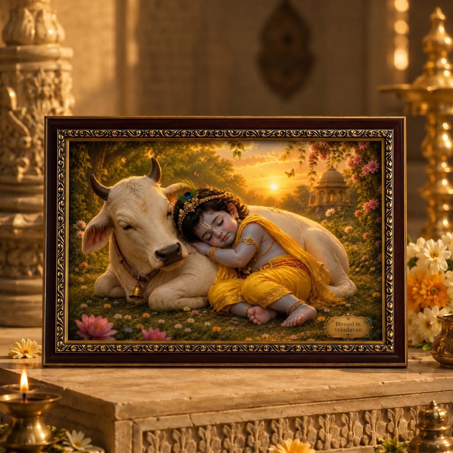 Framed artwork of Baby krishna and cow in a serene landscape with decorative elements.