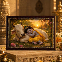 Premium Sleeping Bal Krishna with Gau Mata Photo Frame for Home, Temple & Gifting - Blessed in Vrindavan