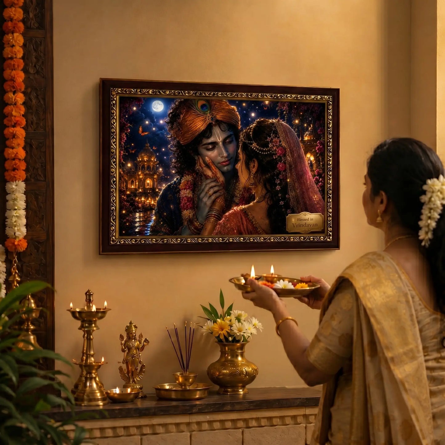 Woman performing a ritual in front of a framed artwork of Radha krishna, with decorative elements and lights.