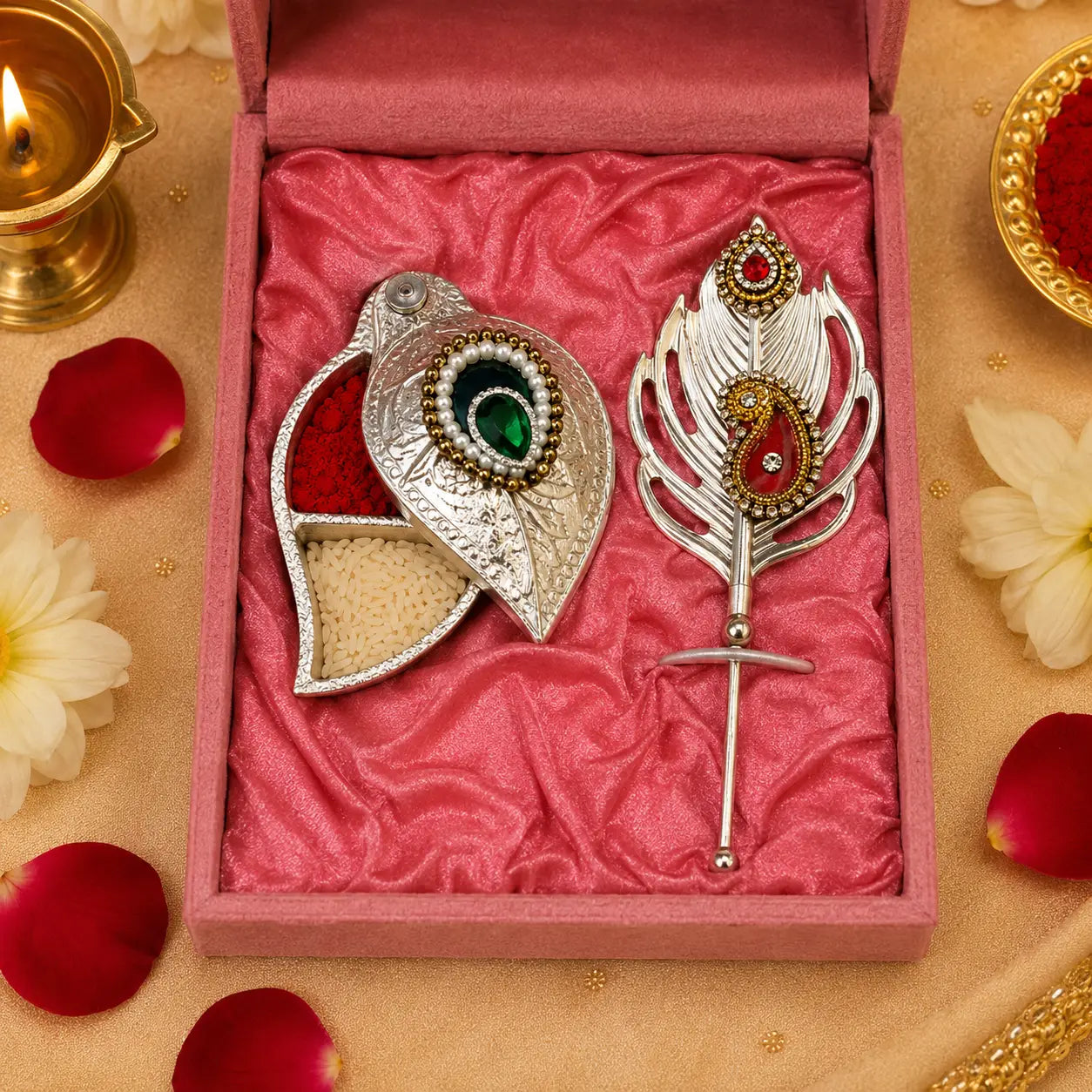 Premium Silver-Plated Tilak Set with Kumkum & Akshat Holder for Pooja Rituals
