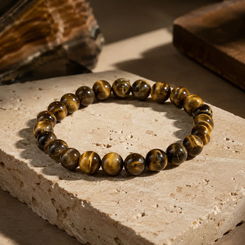 Beaded bracelet with tiger eye stones on a textured stone surface