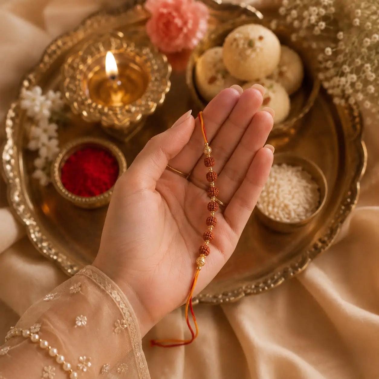 Premium Gold-Plated Rudraksha Rakhi | Sacred Kashi Blessing