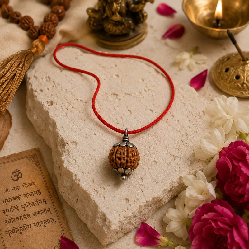  Silver-capped Rudraksha pendant on a red thread cord, displayed on a stone slab with fresh flowers
