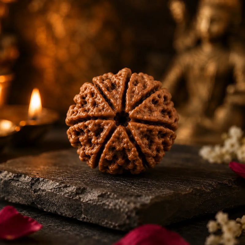  Mukhi Rudraksha bead with seven natural mukhis on a stone slab beside a lit diya