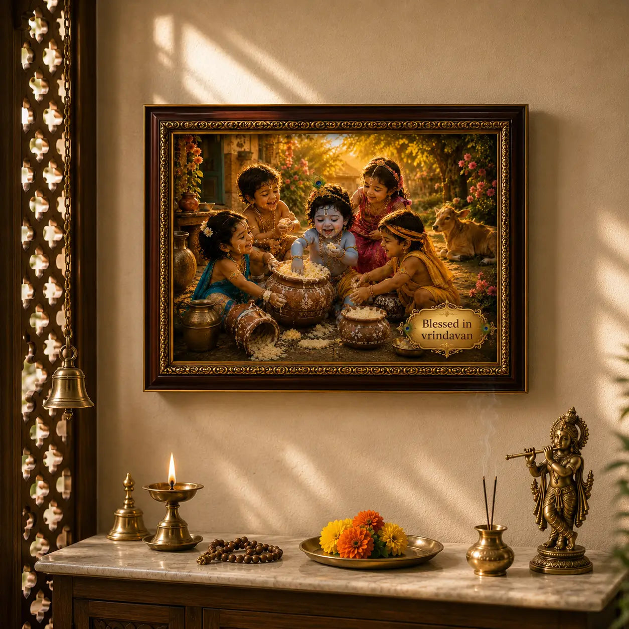 Framed artwork of Bal krishna with friends playing with makhan pot on a wall above a decorative table.