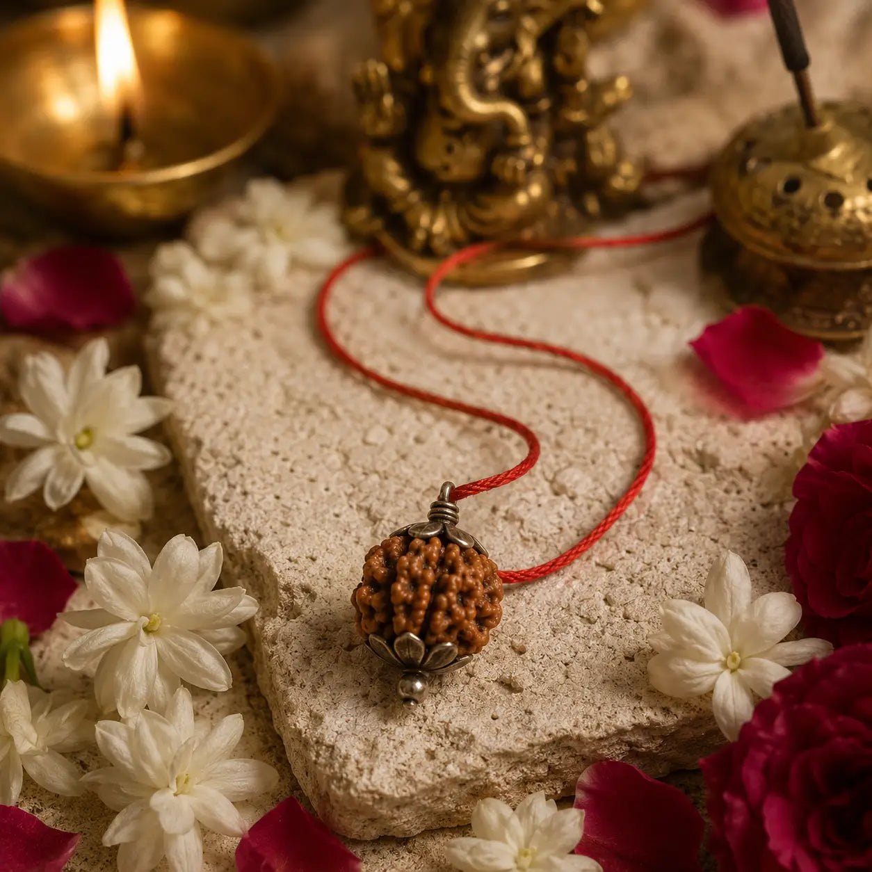 Silver-capped Rudraksha pendant on a red thread cord, displayed on a stone slab with fresh flowers
