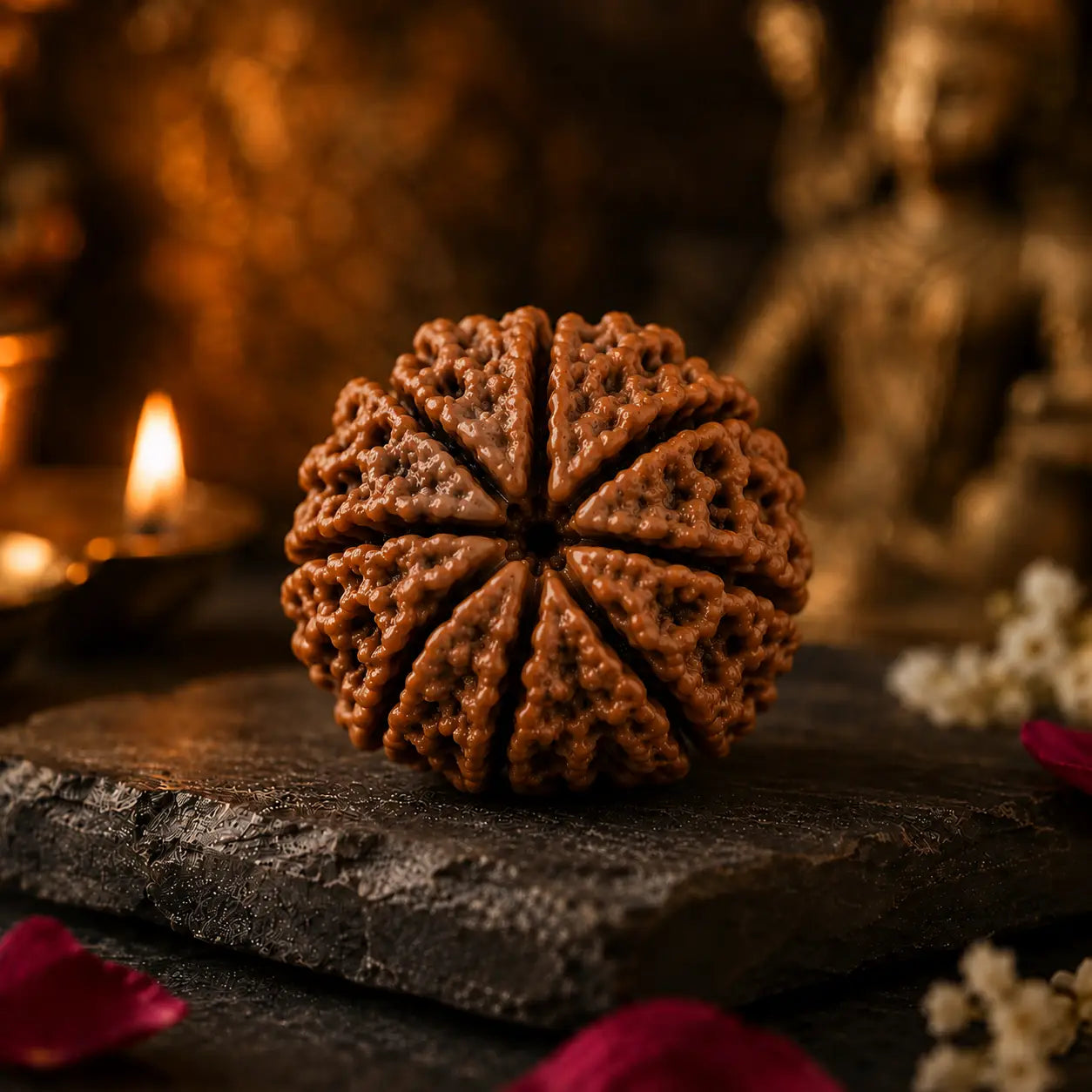 8 Mukhi Rudraksha bead with seven natural mukhis on a stone slab beside a lit diya