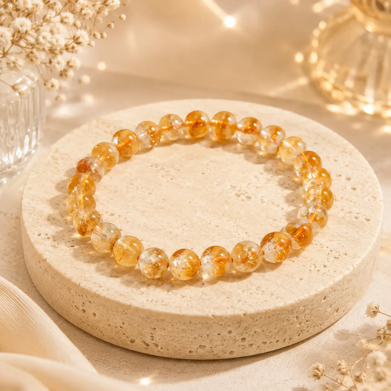Citrine bracelet on a round stone surface with a soft, blurred background