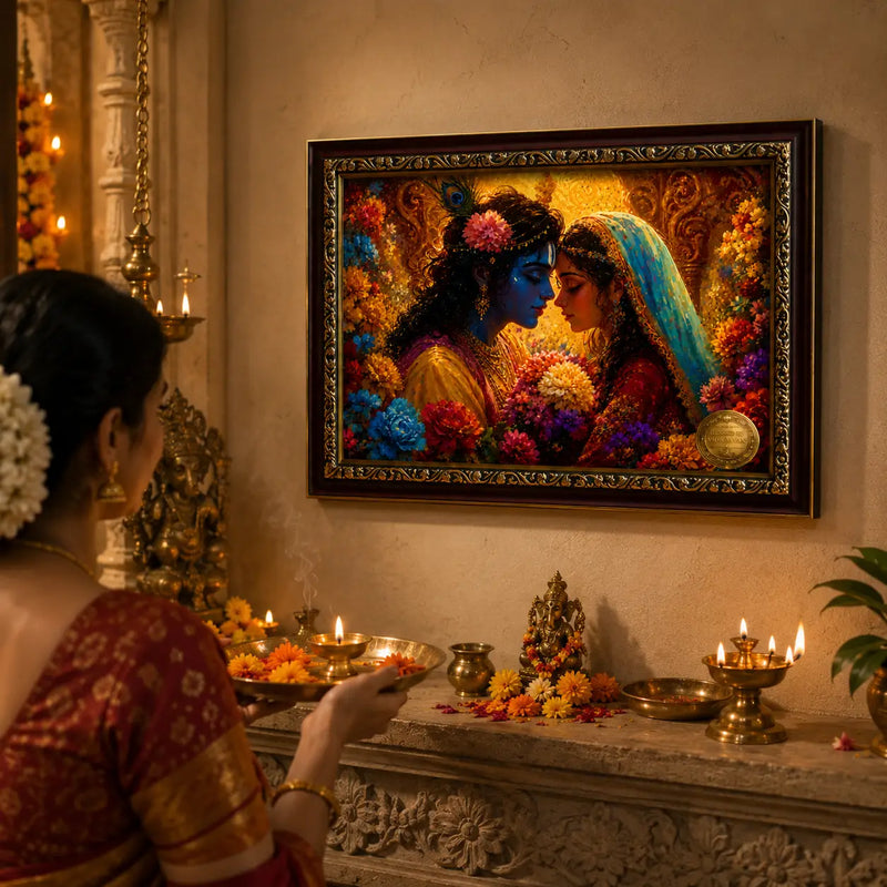 Woman in traditional attire performing a ritual in front Radha Krishna photo.