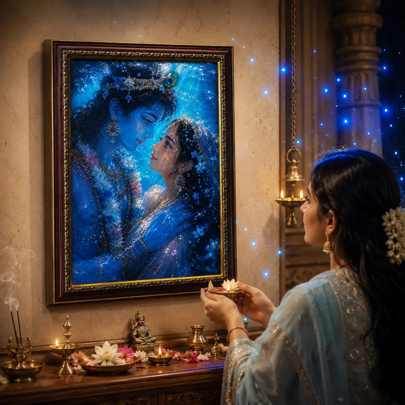 Woman in traditional attire lighting a candle in front of a framed artwork of Radha krishna.
