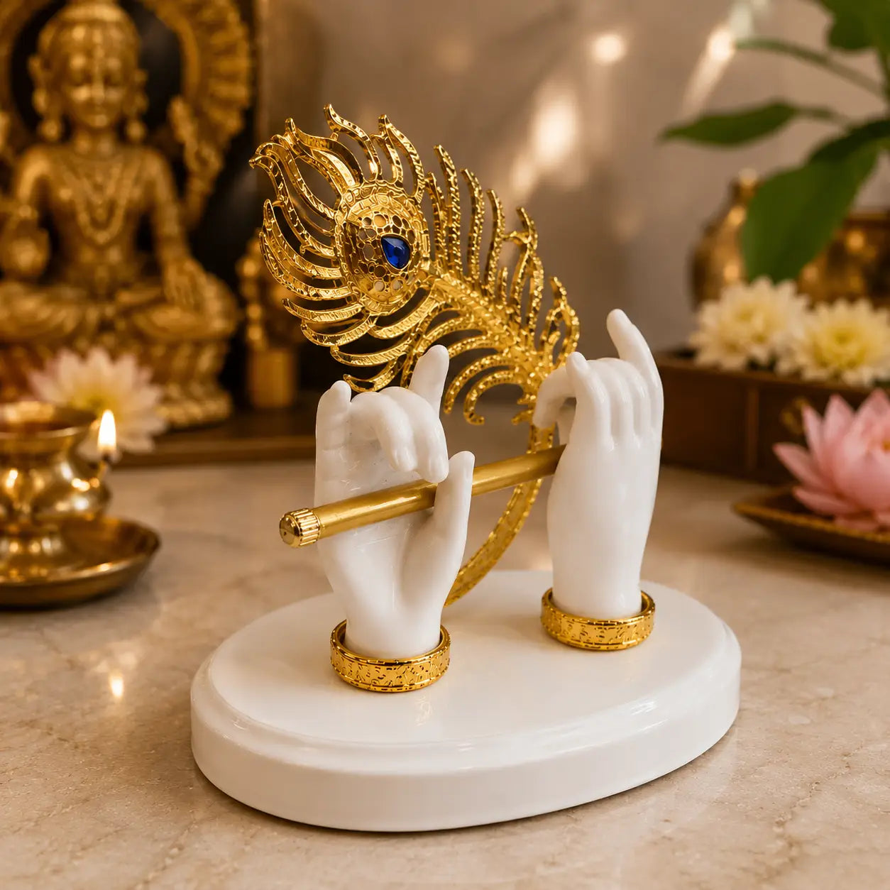 DharmikLife Krishna Flute & Peacock Feather showpiece, bringing divine grace, spiritual charm, and elegant décor to your sacred space.