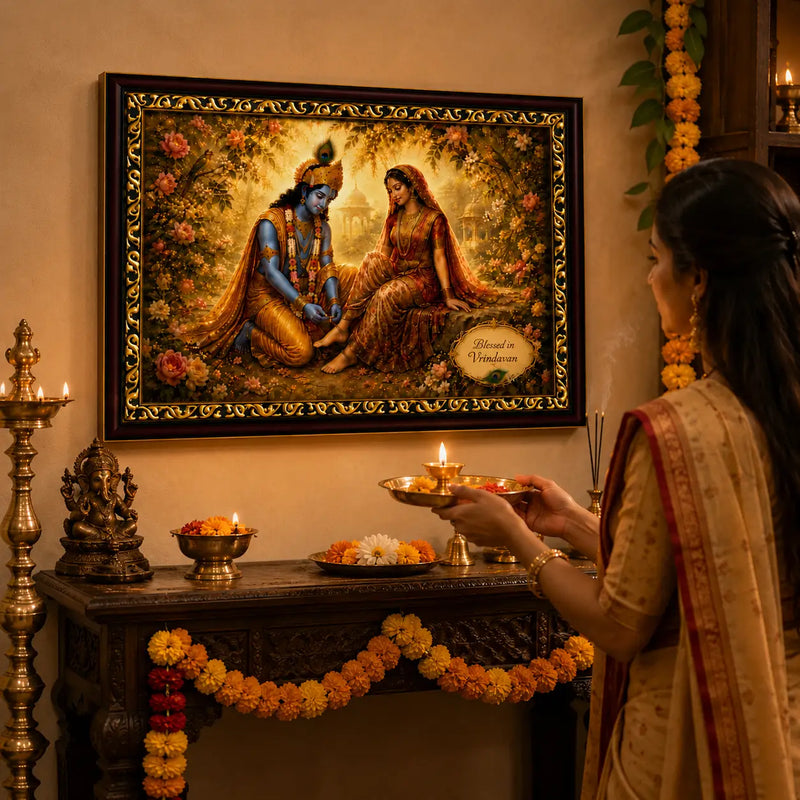Woman performing a ritual in front of a framed artwork of Radha Krishna, with candles and flowers on a table.