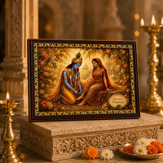 Framed artwork of Radha Krishna in a decorative setting with candles and flowers.