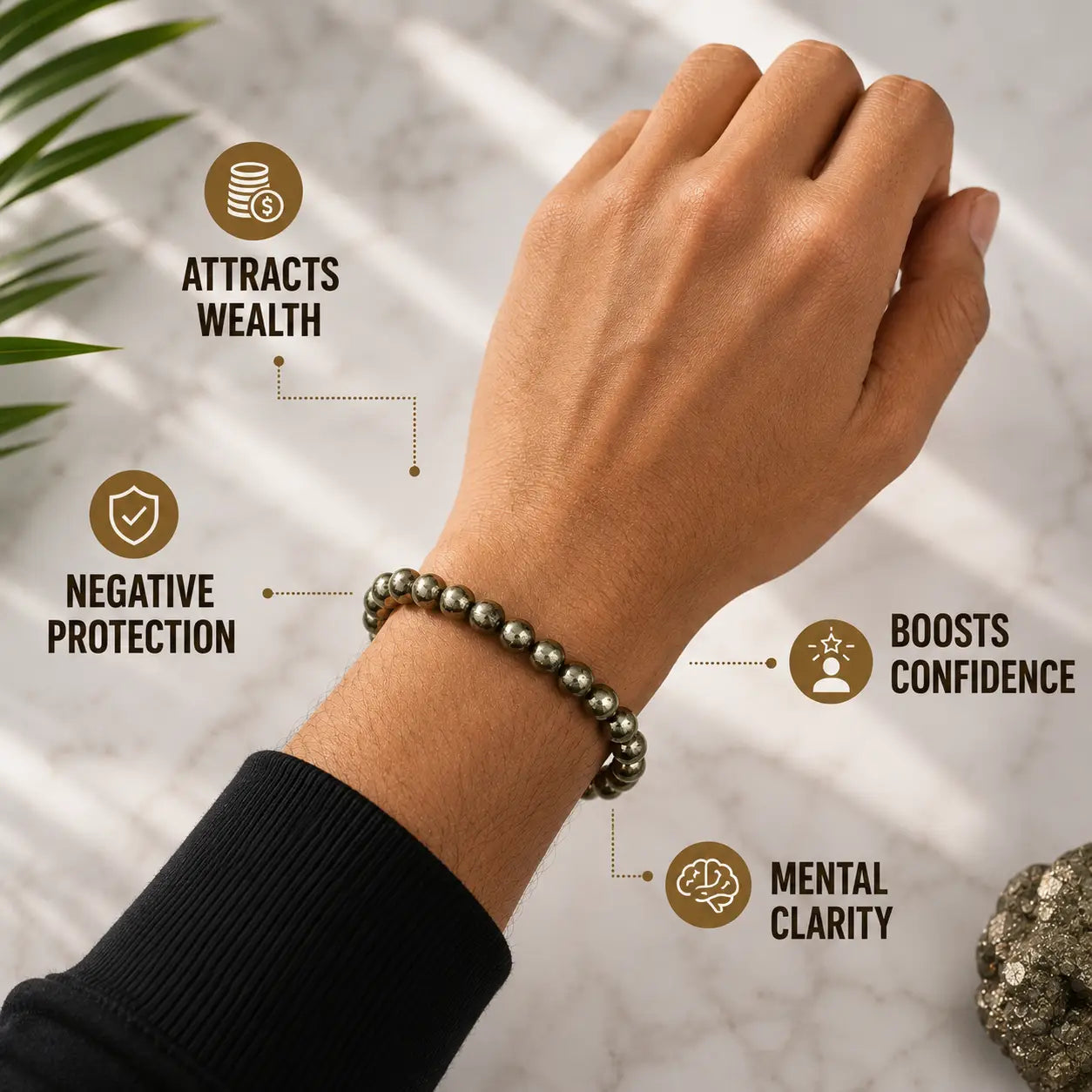 Hand wearing a bracelet with  benefits  on a neutral background