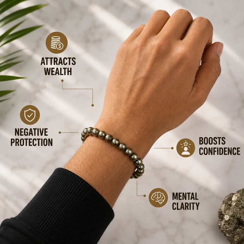 Hand wearing a bracelet with  benefits  on a neutral background