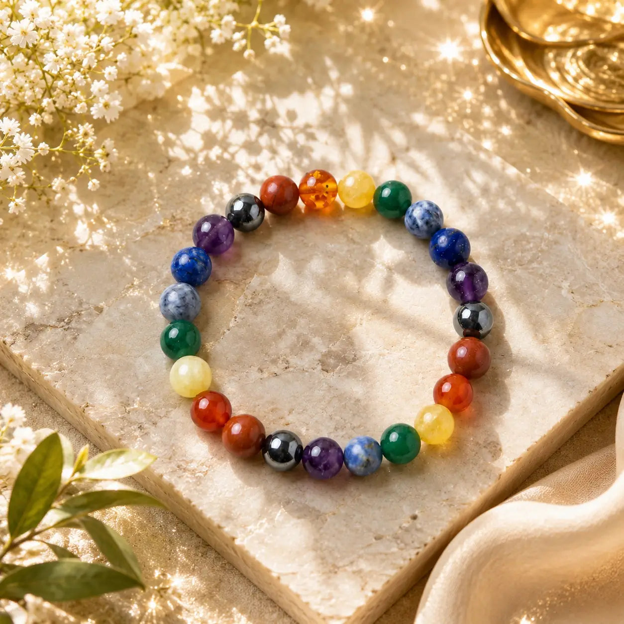 7 Chakra beaded bracelet on a textured surface with flowers and gold elements.