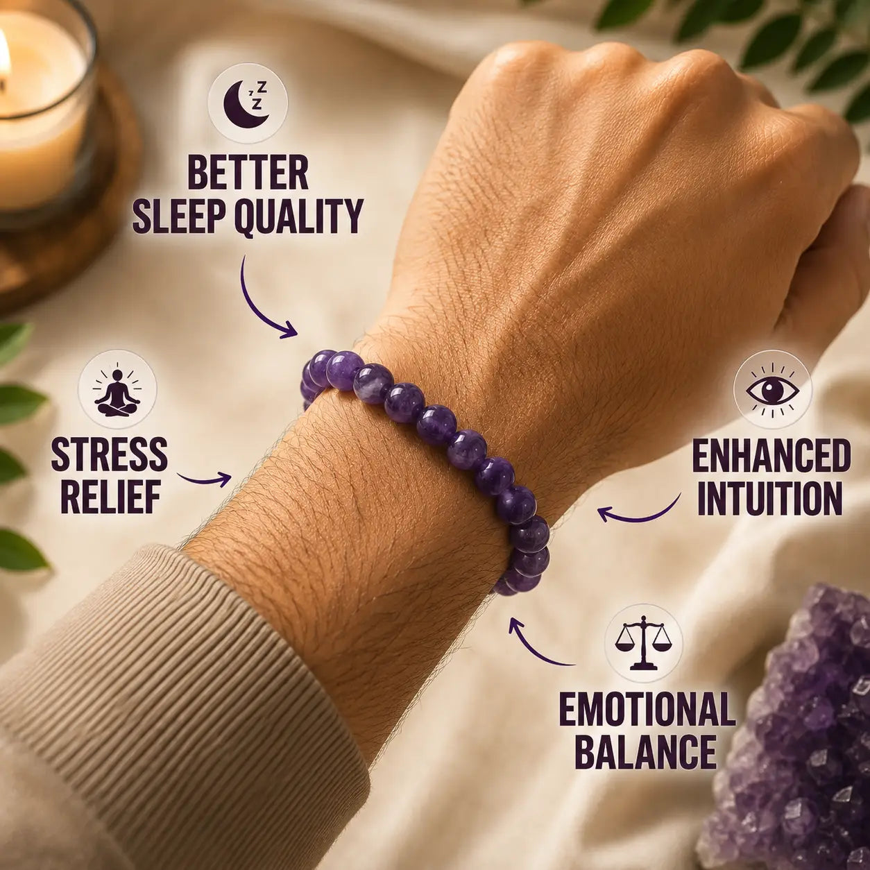 Hand wearing a amethyst beaded bracelet with health benefits text and a candle in the background