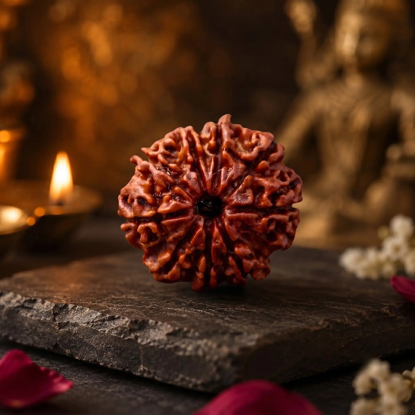 9 Mukhi Rudraksha bead with seven natural mukhis on a stone slab beside a lit diya
