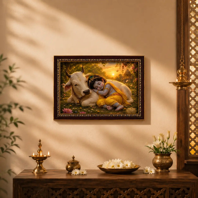 Framed artwork of Baby and cow on a wall with decorative items below