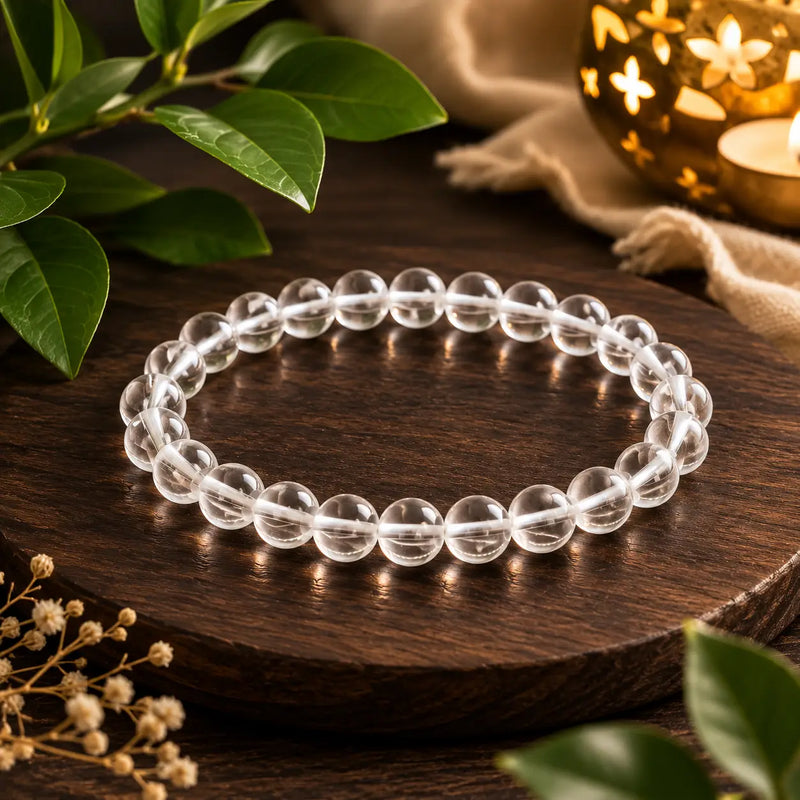 Clear quartz beaded bracelet on a wooden surface with green leaves and a candle in the background