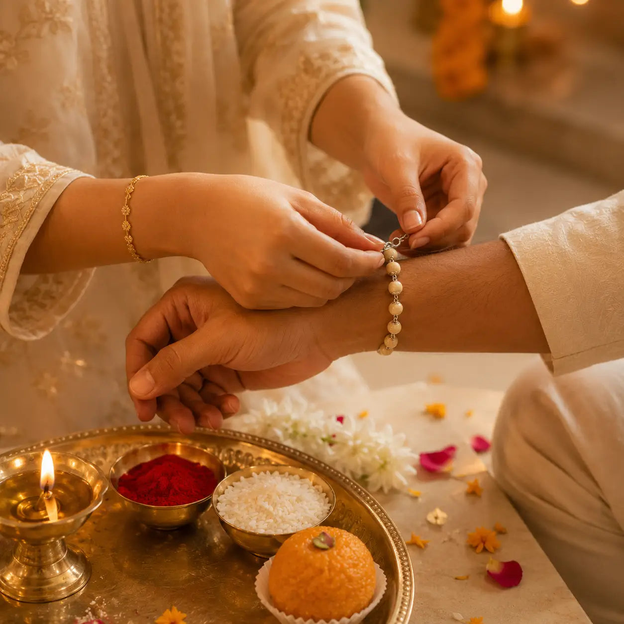 Silver Plated Tulsi Rakhi Bracelet | Spiritual Gift for Raksha Bandhan