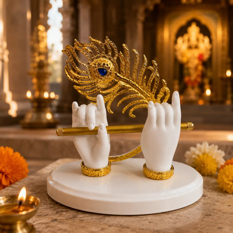 DharmikLife Krishna Flute & Peacock Feather spiritual décor, ideal for pooja rooms, bringing devotion, harmony, and divine elegance.