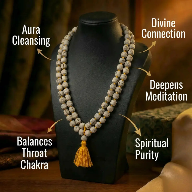 Tulsi Japa Mala 10mm double round on neck — Vrinda Sakhi worn necklace view