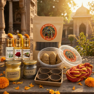 vrindavan puja kit having banke bihari temple prasad, pushp attar, chandan, braj raj, hawan cups, kalawa and premium dhoop sticks.