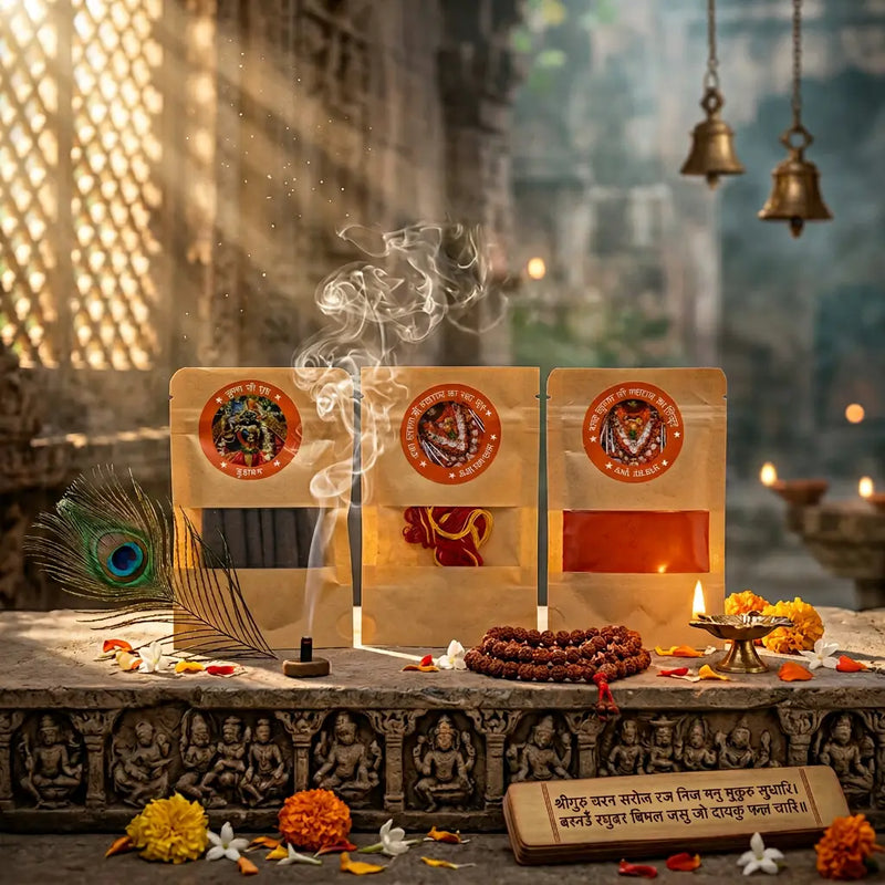 Sacred puja items including incense, kalawa thread, and sindoor from the Dharmik Ayodhya Prasad Box on a temple altar