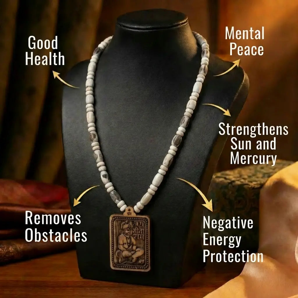 Bageshwar Dham Tulsi Mala — blessed necklace close-up detail Vrindavan