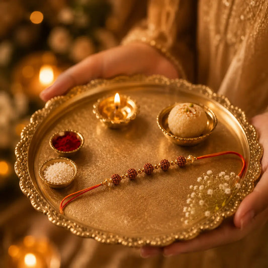 Premium Gold-Plated Rudraksha Rakhi | Sacred Kashi Blessing