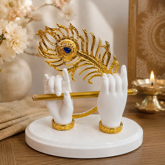 DharmikLife Krishna Flute & Peacock Feather décor, symbolizing divine love, peace, positivity, and spiritual elegance for home or office.
