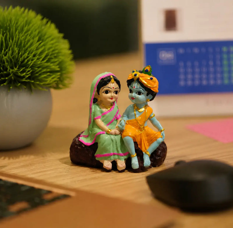 DharmikLife Radha Krishna mini idol for desk décor, bringing love, harmony, devotion, and positive energy to your workspace.
