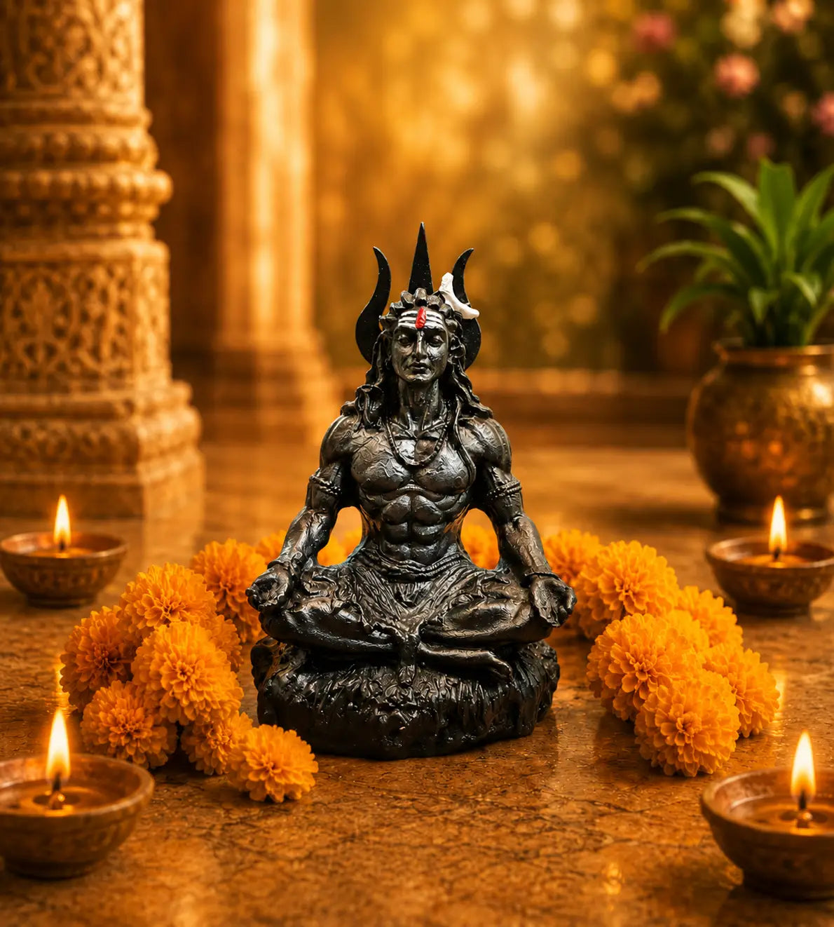 Hand-painted black meditating Lord Shiva idol for home temple and spiritual decor – Abhimantrit in Vrindavan | Dharmik Life