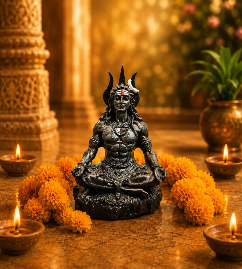 Hand-painted black meditating Lord Shiva idol for home temple and spiritual decor – Abhimantrit in Vrindavan | Dharmik Life