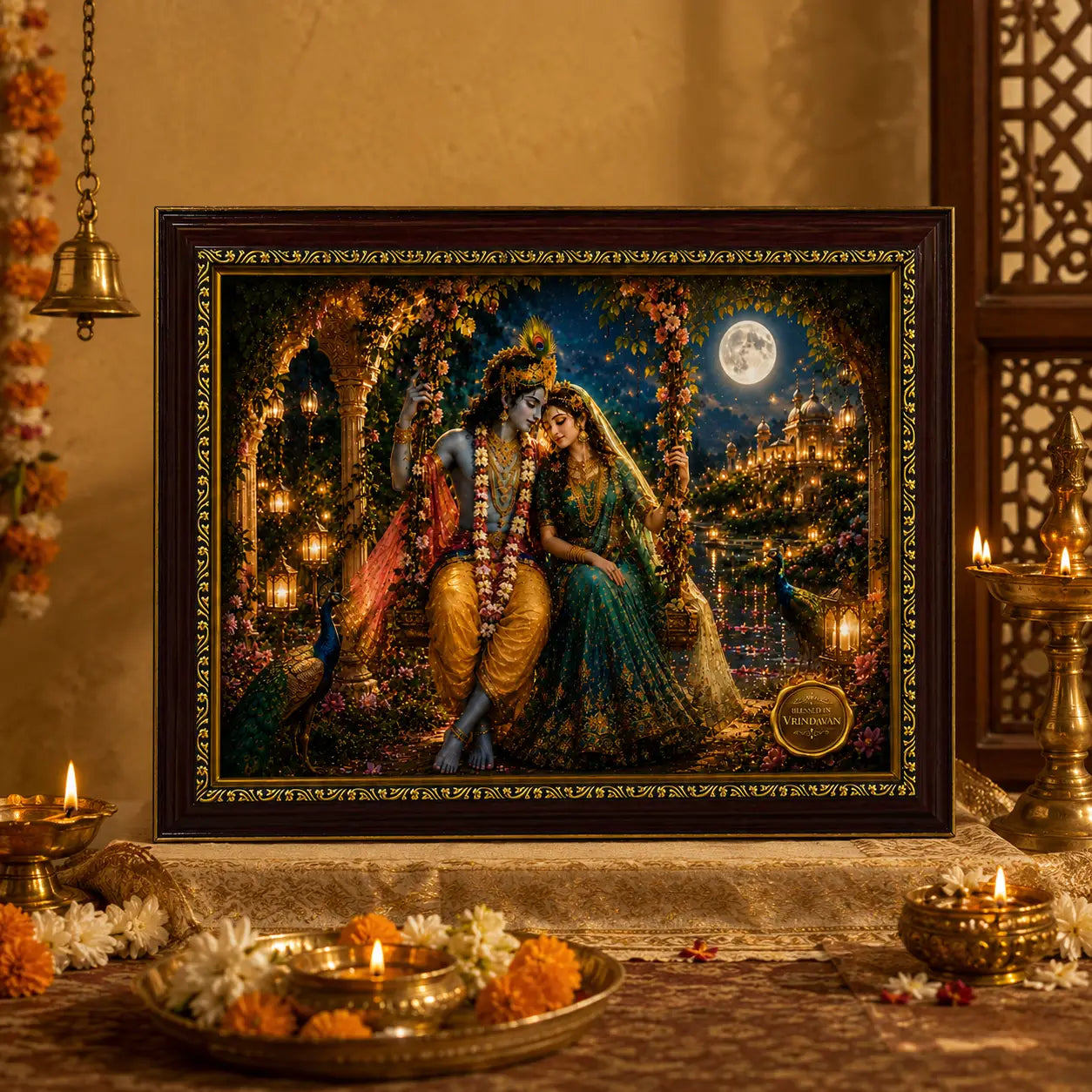 Framed artwork of Radha Krishna in traditional attire with decorative elements on a table.