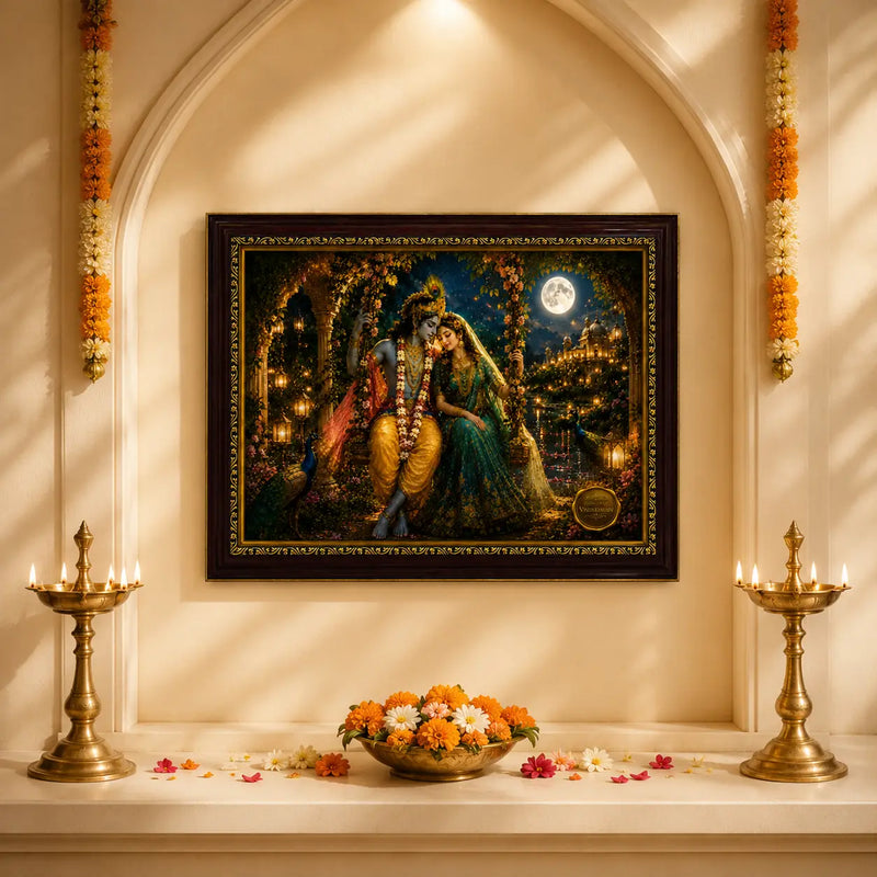 Framed artwork of Radha Krishna embracing with decorative elements on a wall.